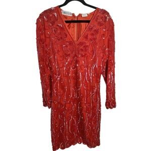 Vintage Sweelo Silk Sheath Dress Womens Red Beaded Long Sleeve Cocktail 6 8